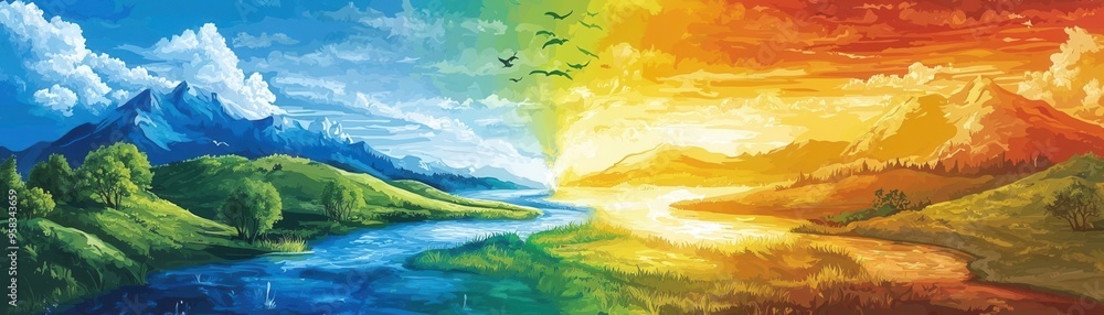 Illustration of the water cycle with vivid colors, water cycle, natural processes