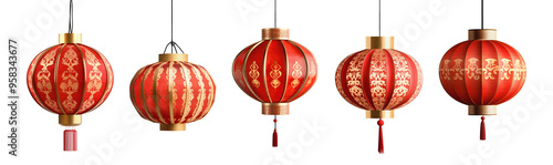 Collection set of Chinese red lanterns isolated on transparent or white background