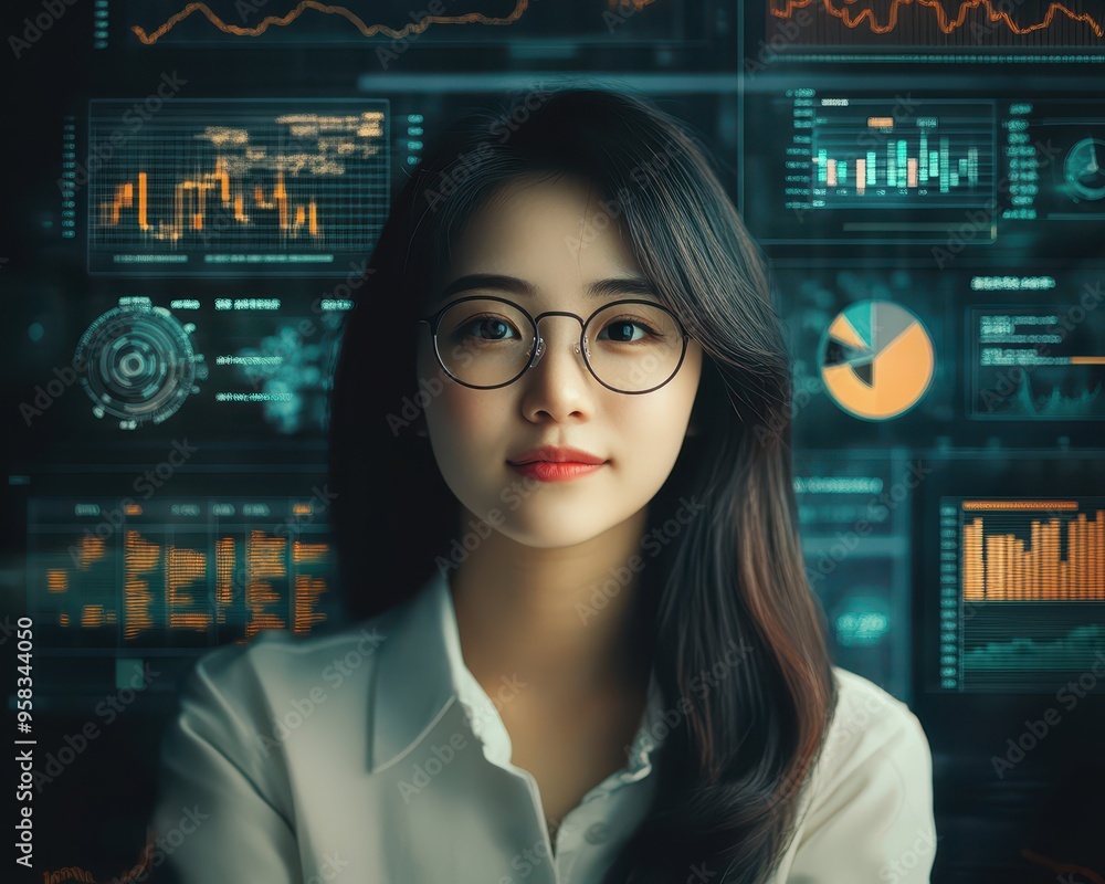 Asian woman surrounded by various graphs and charts, showcasing the complexity of financial diversification, economic analysis Asian woman surrounded by various graphs and charts, showcasing the complexity of financial diversification, economic analysis