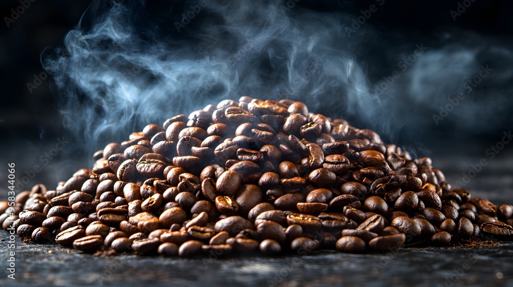 Obraz premium Roasted Coffee Beans with Steam on Dark Background