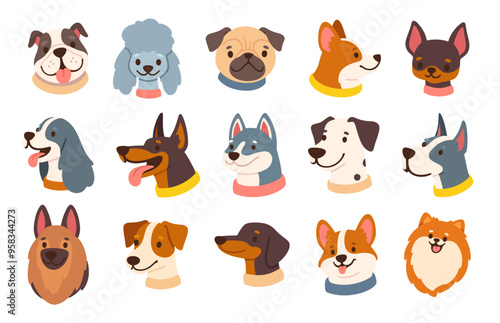 Dog avatars. Cartoon dog faces. Various doggy heads. Cute puppy portraits of different breeds. Friendly profiles pet icons. Funny muzzles. Vector set.