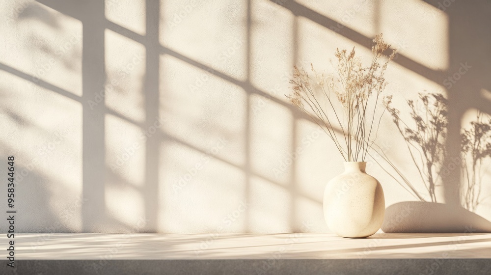 Dried flowers in a vase on a white shelf with sunlight streaming through a window. Dried flowers in a vase on a white shelf with sunlight streaming through a window.