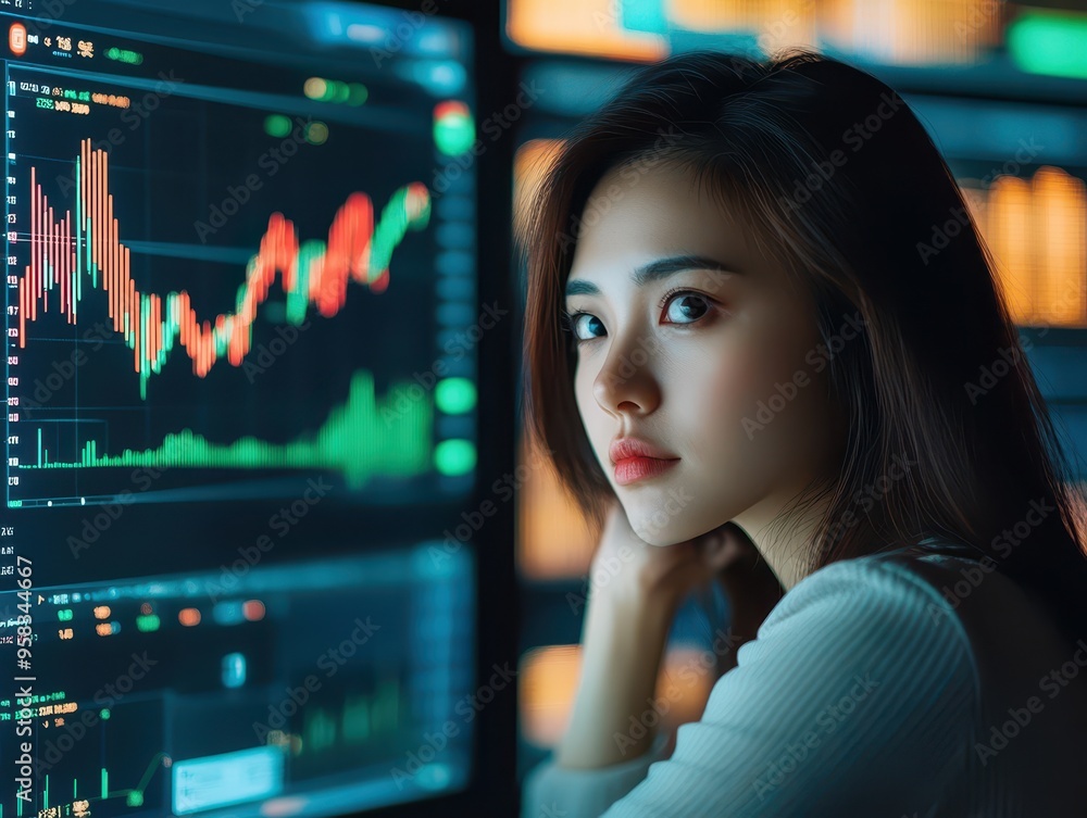 Fototapeta premium Asian woman reviewing stock market data while balancing diverse assets, focusing on portfolio rebalance, business