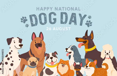 International Dog Day. Cartoon banner with dog group. Card with various doggy breeds. Pet friendly background. Funny animals for design poster. Vector concept.