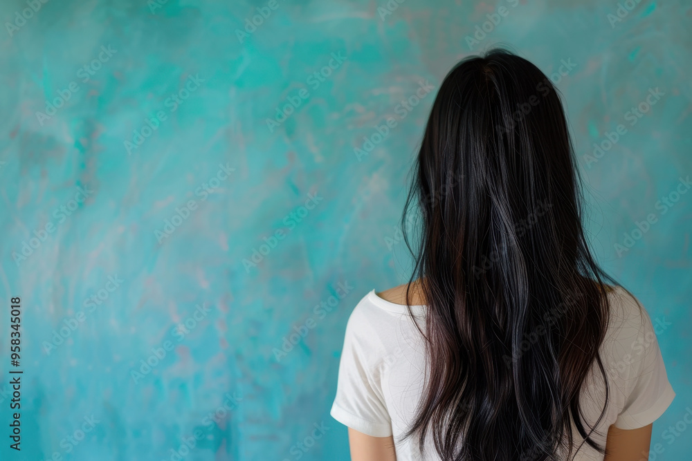 Fototapeta premium Back View of Asian Woman with Long Hair Against a Blue Pastel Background