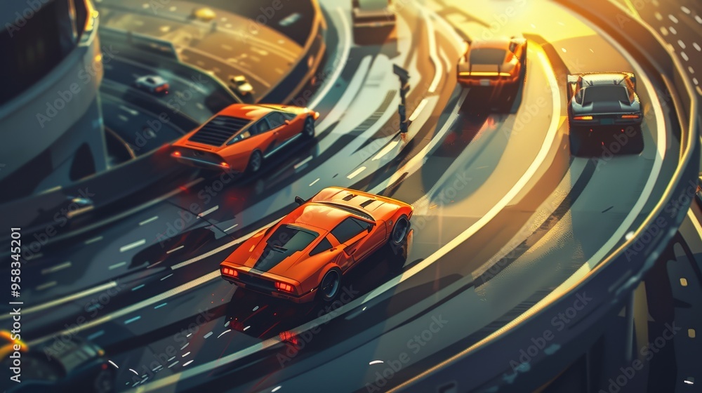Observe the sleek lines of sports cars weaving through a city's winding roads. Observe the sleek lines of sports cars weaving through a city's winding roads.