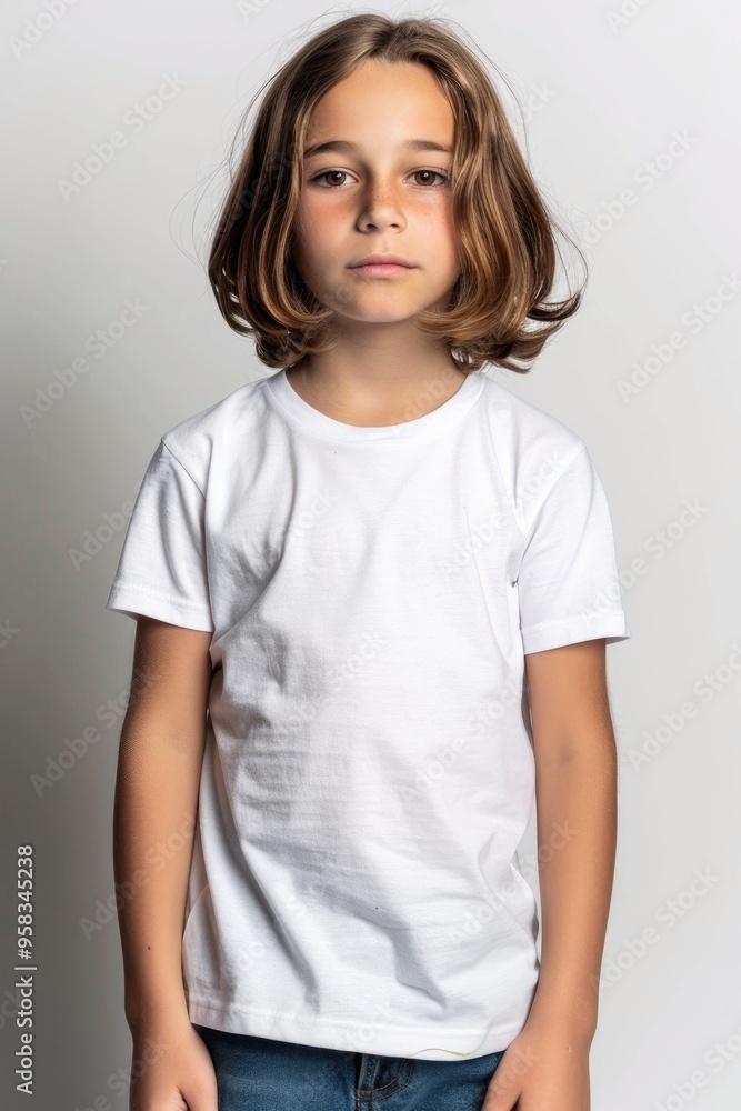 Smiling Boy Child in White T-shirt Against Plain Background Smiling Boy Child in White T-shirt Against Plain Background