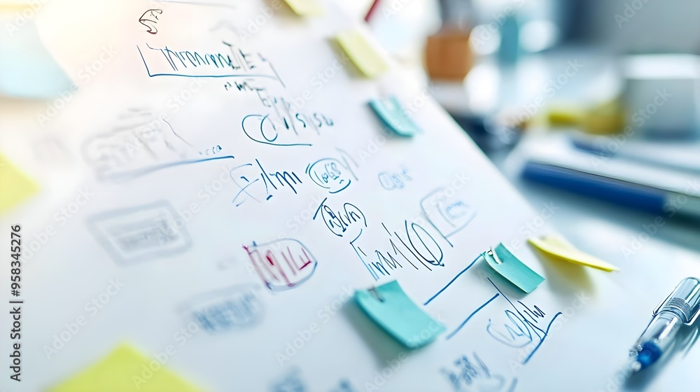 Fototapeta premium Whiteboard Brainstorming with Sticky Notes and Pen