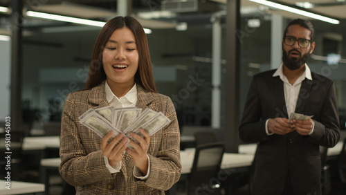 Obraz na płótnie Asian happy smiling rich business girl Chinese woman Korean businesswoman big mo