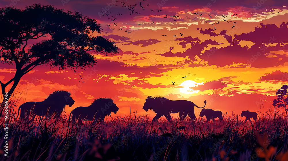 digital art illustration of an African savannah at sunset, with silhouettes of lions and other wildlife against the vibrant sky digital art illustration of an African savannah at sunset, with silhouettes of lions and other wildlife against the vibrant sky