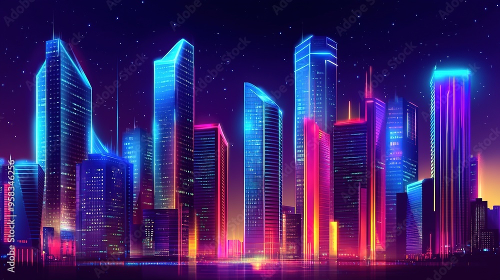 Futuristic Cityscape Featuring Sleek Skyscrapers with Modern Design, Illuminated by Vibrant Neon Lights Against a Night Sky. Futuristic Cityscape Featuring Sleek Skyscrapers with Modern Design, Illuminated by Vibrant Neon Lights Against a Night Sky.