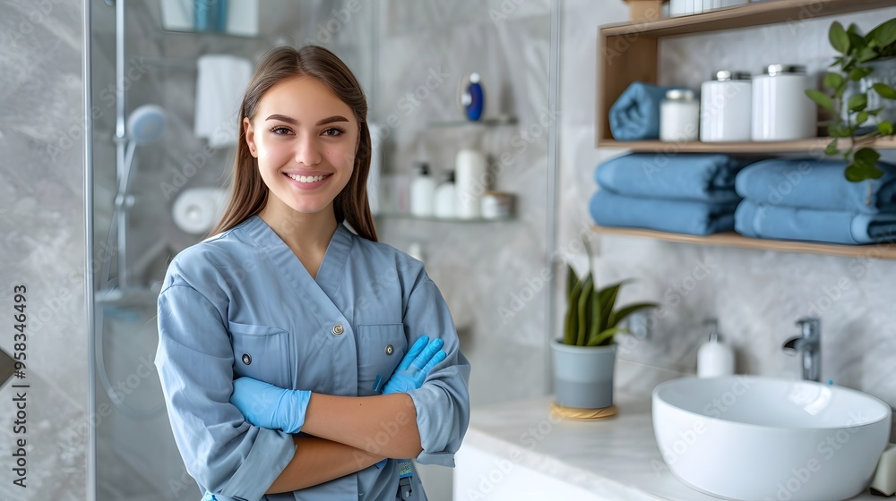 Smiling Woman with Gloves: Domestic Cleaning in a Cozy Bathroom Smiling Woman with Gloves: Domestic Cleaning in a Cozy Bathroom
