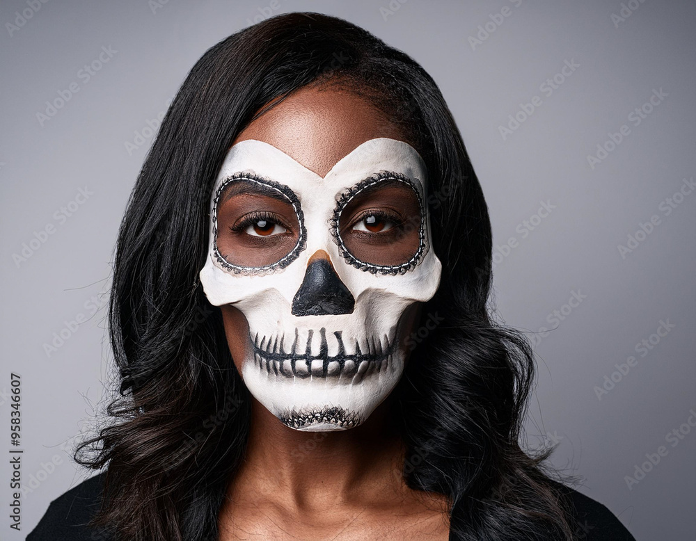 Portrait of Woman Wearing Skull and Bone Mask for Halloween or D?a de los Muertos Celebration Portrait of Woman Wearing Skull and Bone Mask for Halloween or D?a de los Muertos Celebration