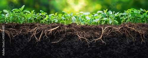 Obraz na płótnie Soil fertility testing with plant roots and soil layers exposed, soil fertility, agricultural science w salonie