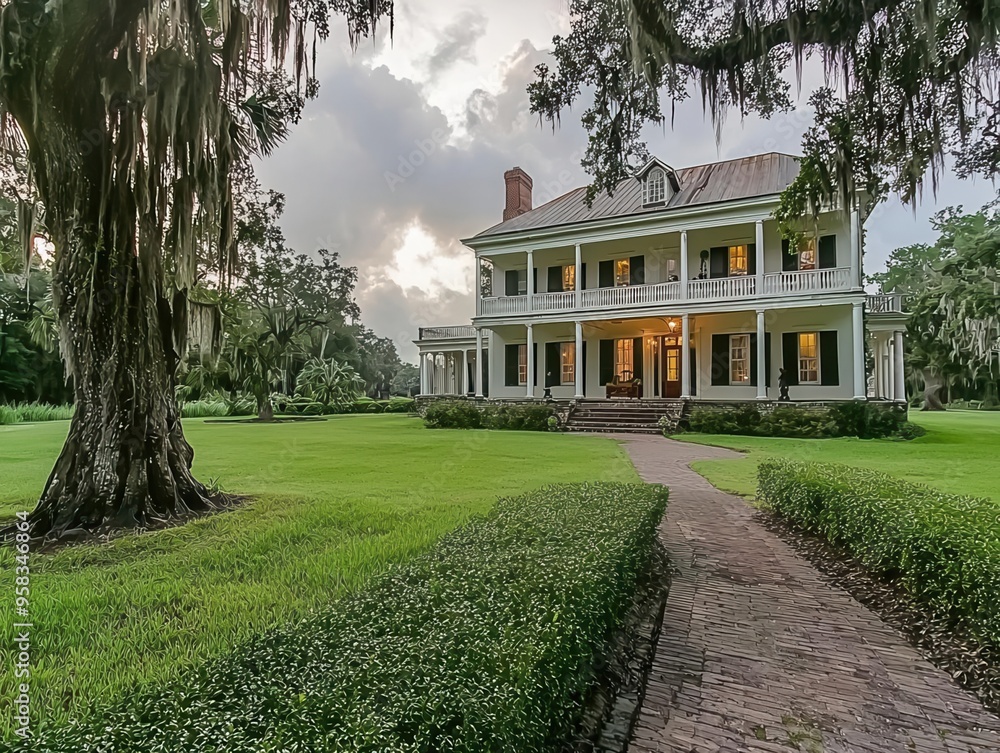 Obraz premium Expansive plantation estate with colonial architecture, plantation estate, historical agriculture