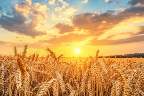 Ripe wheat fields natural landscape at sunset. farm harvest season , ai