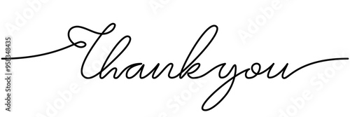 Thank you. One line continuous lettering. Thank you handwritten black ink calligraphic inscription for greeting cards, posters, banners, gifts. Editable stroke vector illustration.