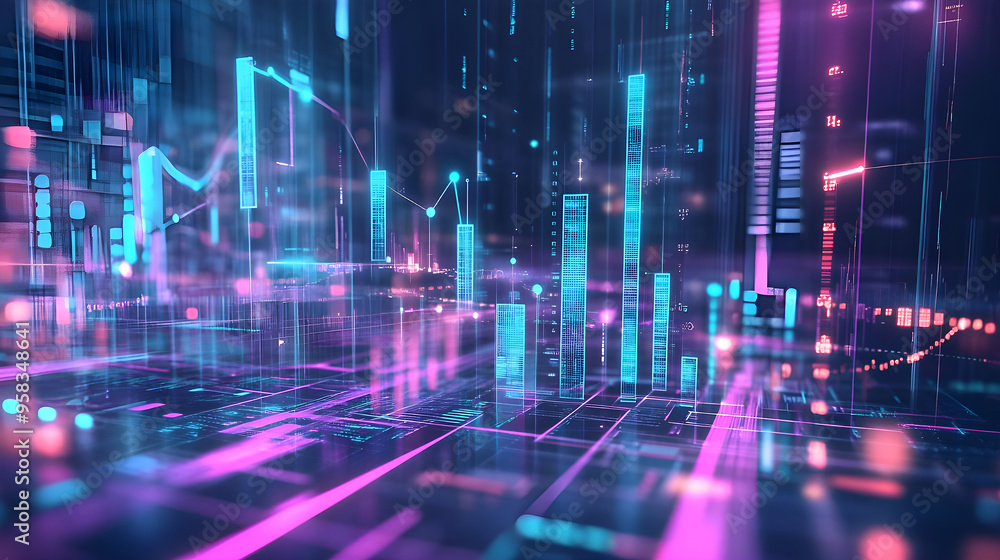 Futuristic Digital Cityscape with Neon Graphs and Data Futuristic Digital Cityscape with Neon Graphs and Data