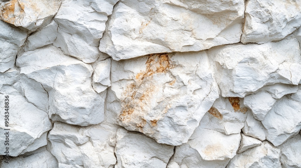 Close up of white rock texture background with horizontally layered natural rocks. The rough surface has brown veins and complex geological patterns, suitable for design and decoration. Close up of white rock texture background with horizontally layered natural rocks. The rough surface has brown veins and complex geological patterns, suitable for design and decoration.
