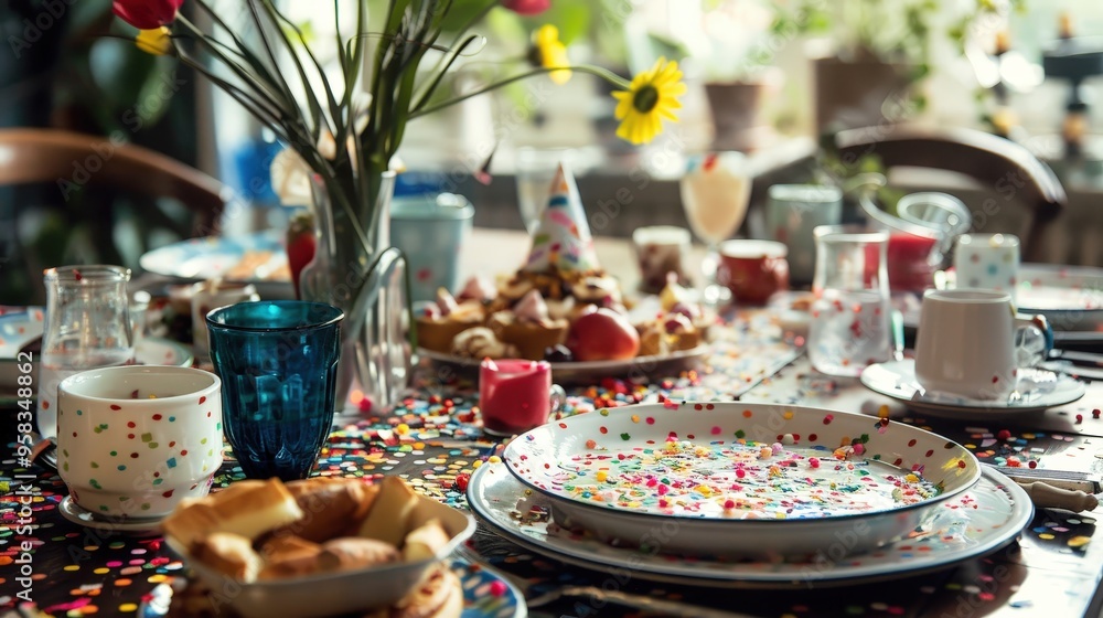 Picture a festive birthday breakfast table with confetti, starting the day off with a cheerful celebration. Picture a festive birthday breakfast table with confetti, starting the day off with a cheerful celebration.