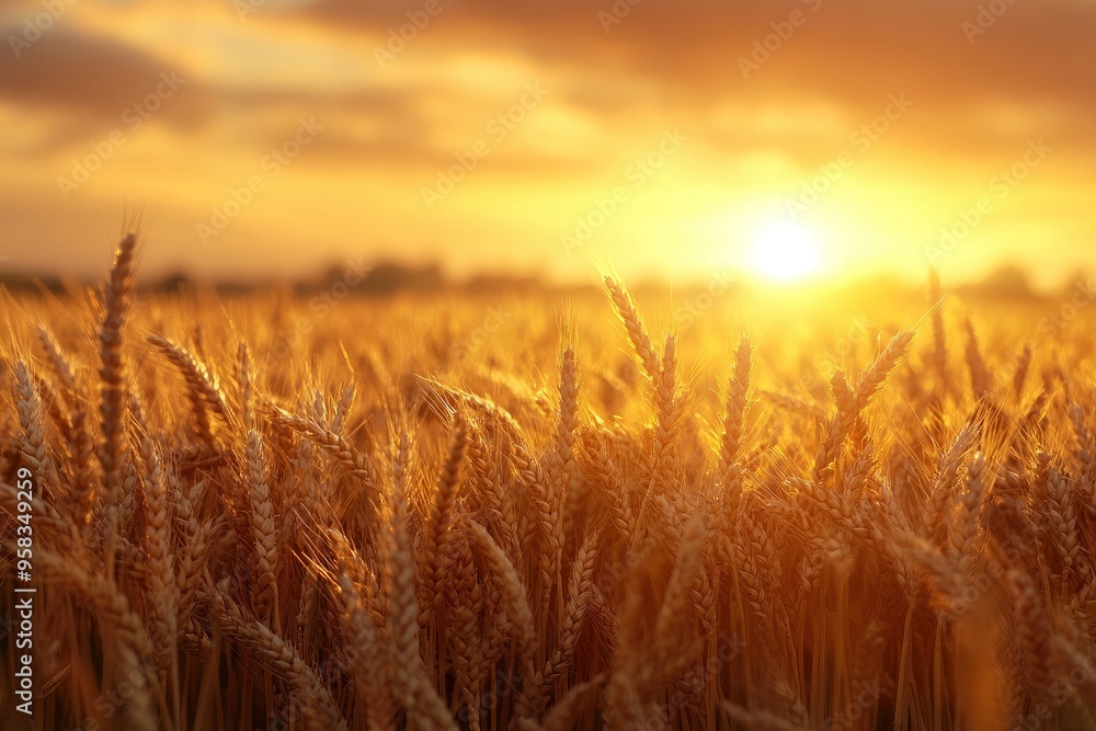 Ripe wheat fields natural landscape at sunset. farm harvest season , ai Ripe wheat fields natural landscape at sunset. farm harvest season , ai