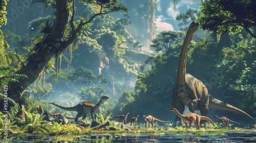 Picture a lush prehistoric savannah where herds of dinosaurs roam freely.