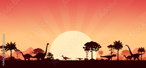 Prehistoric dinosaur silhouettes at sunset sky with mountains and trees. Vector background of jurassic dino animals and prehistoric nature landscape. Tyrannosaurus, allosaurus and vulcanodon dinosaurs