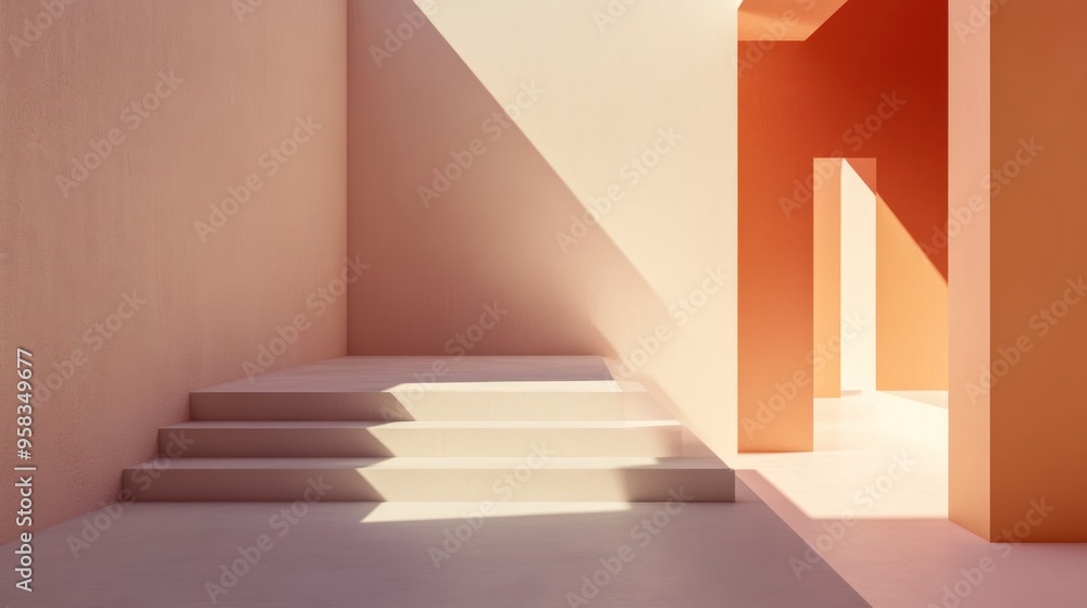 Minimalist Interior Design with Staircase and Sunbeams Minimalist Interior Design with Staircase and Sunbeams