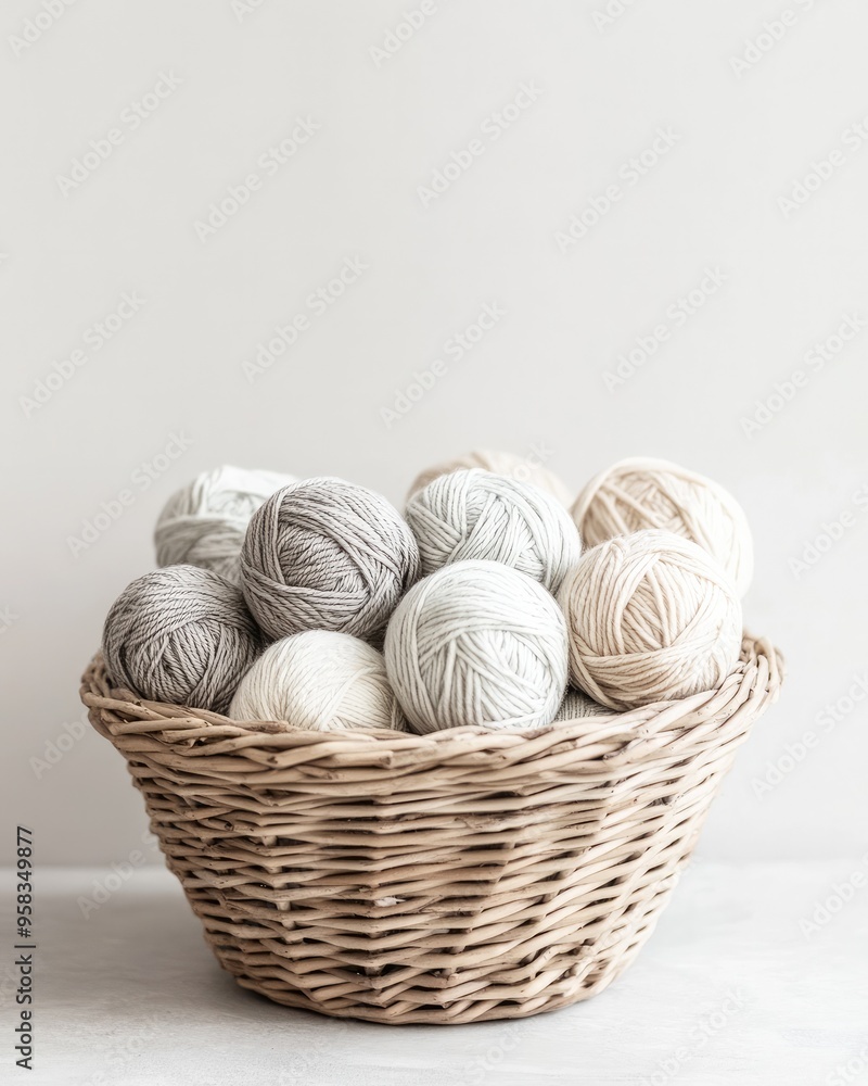 Wicker Basket with Balls of Yarn Against a White Wall Wicker Basket with Balls of Yarn Against a White Wall