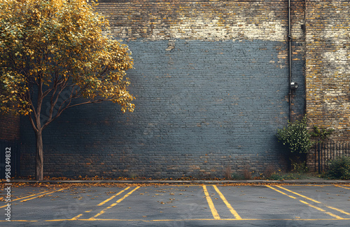 An empty urban parking lot featuring a weathered brick wall and an autumn tree with golden leaves. The scene captures a quiet, urban environment with yellow parking lines and muted tones, ideal for ci