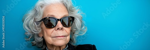 Stylish Senior Woman with Silver Hair Rocks Sunglasses on Blue Background with Copy Space photo