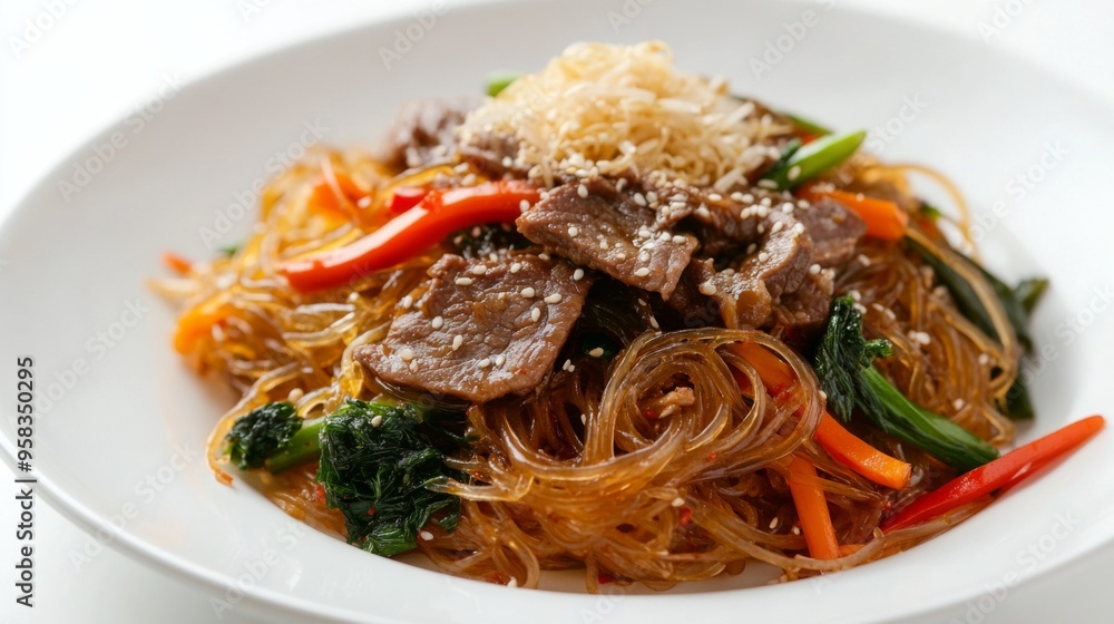 A beautifully plated serving of Korean japchae (stir-fried glass noodles) with vegetables, beef, and a savory sauce, set against a white backdrop to highlight the dish glossy appearance. A beautifully plated serving of Korean japchae (stir-fried glass noodles) with vegetables, beef, and a savory sauce, set against a white backdrop to highlight the dish glossy appearance.