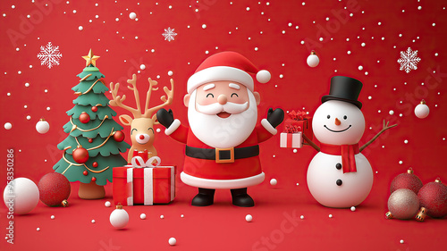 Christmas vector characters like santa claus, reindeer and snowman holding gift with merry christmas greeting and tree in a red background. Vector illustration