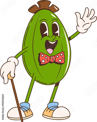 Groovy retro cartoon feijoa fruit gentleman character, vector funky comic art. Cartoon groovy feijoa fruit in retro bowtie with vintage stick cane, funny cute fruit character for funky 70s art emoji