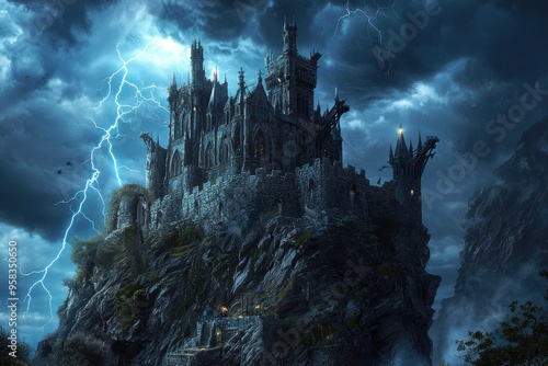 Dark Castle on a Cliff with Lightning.