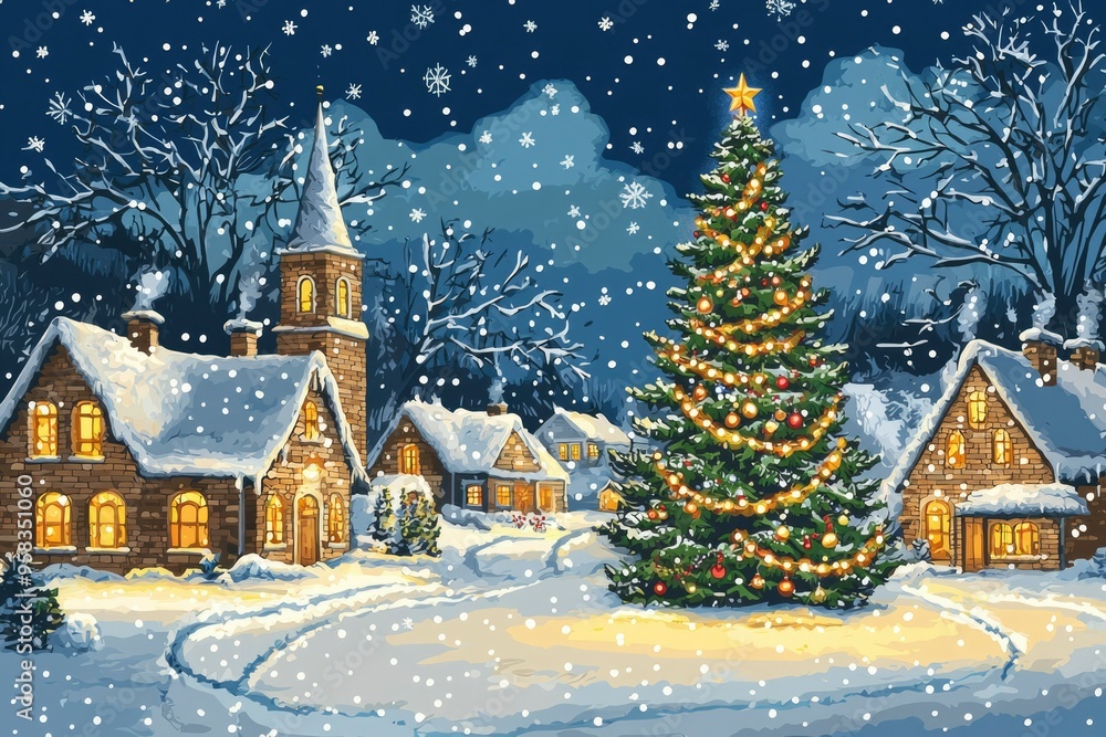 A Snowy Christmas Village with a Decorated Christmas Tree A Snowy Christmas Village with a Decorated Christmas Tree
