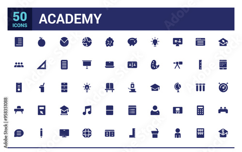 Academy icon set. School logo design. University emblem template. Filled icon set, glyph icon set for web and ui. Editable stroke. Solid icon set. Vector illustration.
