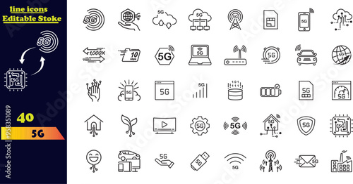 Editable 5G vector icon set. It includes collections of stroke icons featuring 5G networks, signals, towers, bandwidth, routers, connectivity, and more.