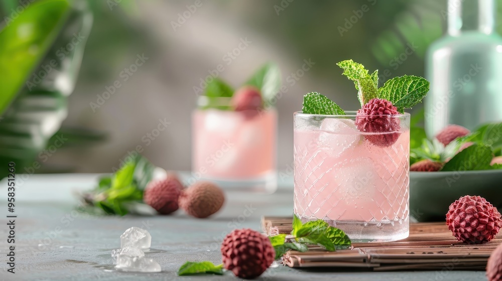 Stylish juice bar with glasses of lychee juice, mint, lychee slices, chic and modern backdrop.