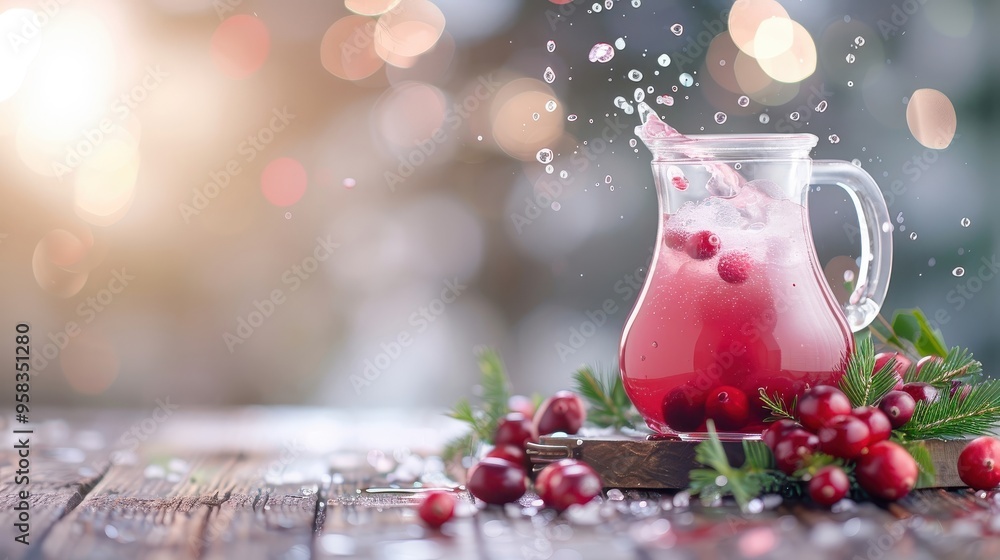 Pitcher of cranberry juice on rustic table, surrounded by cranberries, splash of juice, cozy homey background. Pitcher of cranberry juice on rustic table, surrounded by cranberries, splash of juice, cozy homey background.
