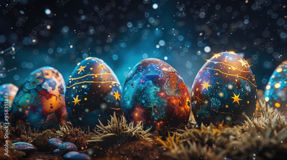 Picture an Easter background with a cosmic theme, featuring eggs decorated with galaxy patterns and stars against a night sky. Picture an Easter background with a cosmic theme, featuring eggs decorated with galaxy patterns and stars against a night sky.