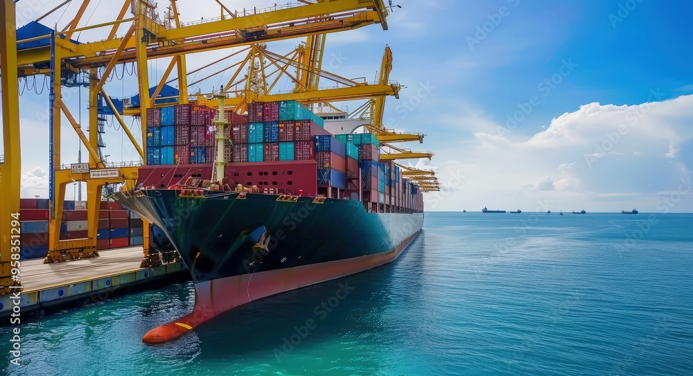 Fototapeta premium Import Export. Container Ship Unloading at Port with Cargo Transport and Freight Shipping Worldwide