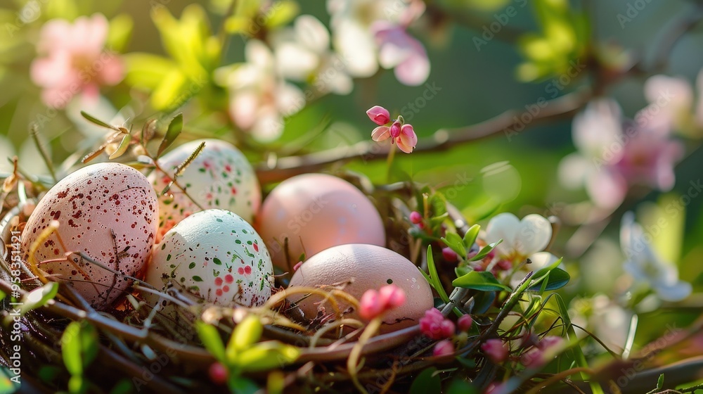 Picture an Easter background with a focus on eco-friendly decorations, featuring handmade eggs, natural dyes, and a garden setting. Picture an Easter background with a focus on eco-friendly decorations, featuring handmade eggs, natural dyes, and a garden setting.