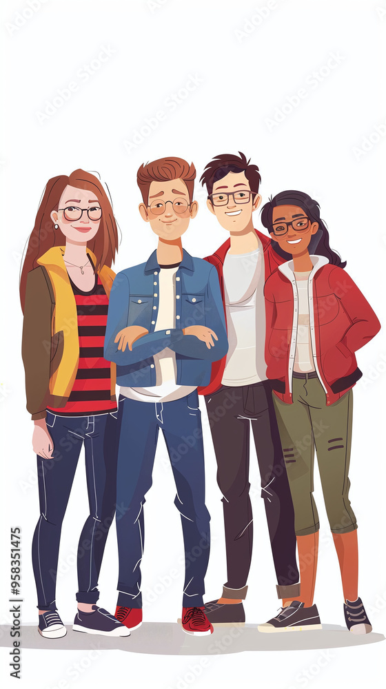 Obraz premium group of office colleagues posing for group photo 2d character design free hand flat colors design UI ux graphics style casual and formal clothing employee working employees teamwork team illustration
