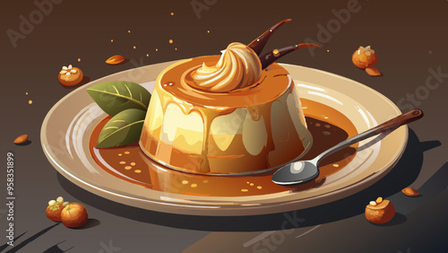 Exquisite vanilla pudding panna cotta: an ultra-realistic vector art depiction showcasing intricate details like caramelized sugar drizzle and vanilla pod curls, perfect for fine dining menus
