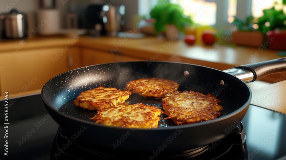 Latkes sizzling in a pan, kitchen scene, 3D illustration Latkes sizzling in a pan, kitchen scene, 3D illustration