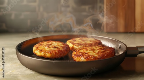 Latkes sizzling in a pan, kitchen scene, 3D illustration photo