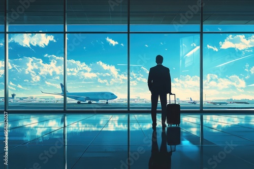 Man with Suitcase Looking at Airplane