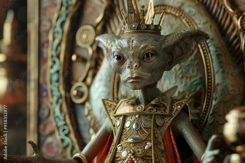 Fototapeta premium Cute stereo-typical grey alien wearing royal attire with a crown, sitting on a throne, castle details in the background, 3D render, created by ai
