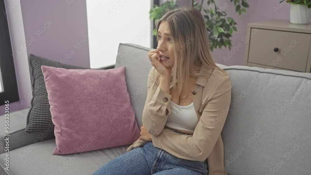 Young blonde woman sitting on sofa looking stressed and nervous with hands on mouth biting nails. anxiety problem. at home Young blonde woman sitting on sofa looking stressed and nervous with hands on mouth biting nails. anxiety problem. at home